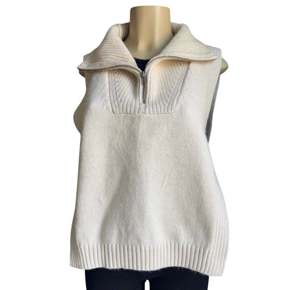 H&M Knitted Sweater Vest Quarter Zip Collared Light Beige Side Slit One Size